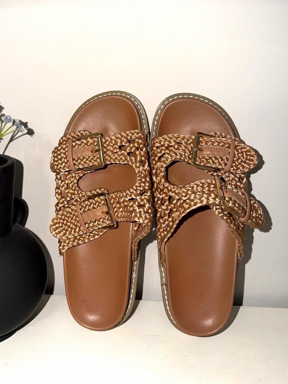 Woven Double-Buckle Slide Sandals in Tan